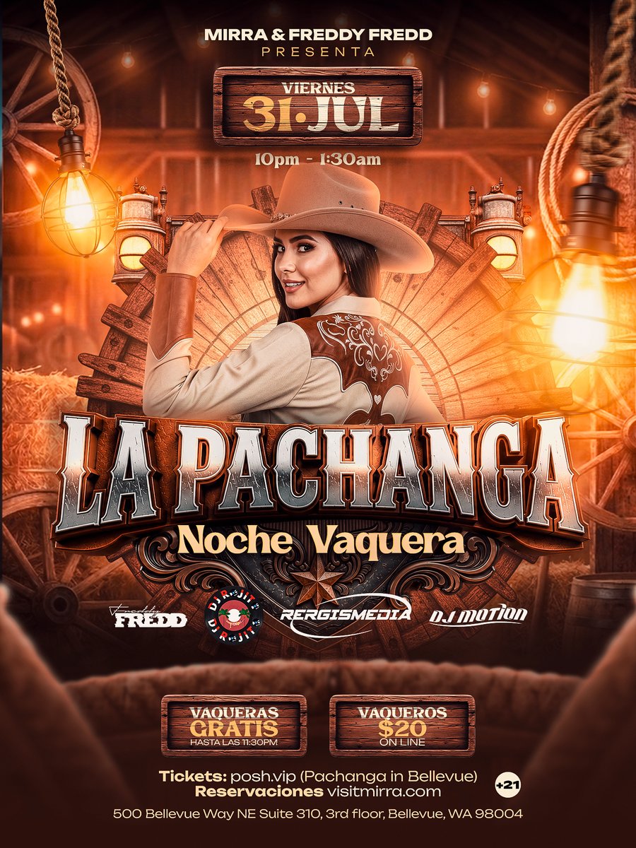 VisitMIRRA's tweet photo. 🤠 Saddle up, Bellevue. La Pachanga is coming.

Dust off your boots and join us for a Noche Vaquera filled with the best Latin hits, nonstop dancing, and country vibes all night long.

👢 Ladies in cowboy attire get FREE entry until 11:30 PM
🤠 Men in cowboy attire: $20 online https://t.co/BmieANz66G