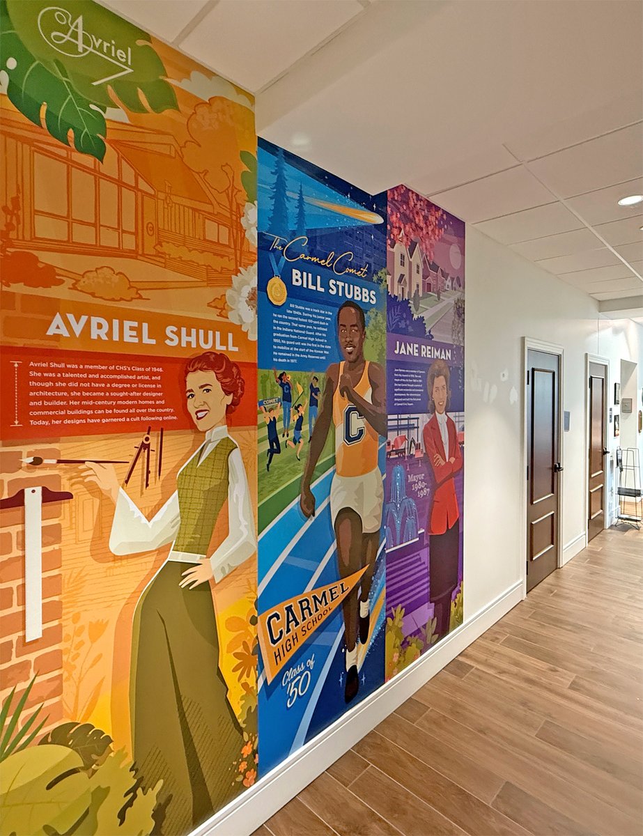 wilkinsonbros's tweet photo. Who are the people in your neighborhood? The Carmel Clay Historical Society takes pride in featuring local legends and their contributions to the community. We illustrated these three people for a 9ft-tall triptych on the walls of the @CarmelClHistory Museum. https://t.co/ZKuNvvgZB7