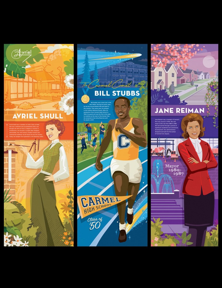 wilkinsonbros's tweet photo. Who are the people in your neighborhood? The Carmel Clay Historical Society takes pride in featuring local legends and their contributions to the community. We illustrated these three people for a 9ft-tall triptych on the walls of the @CarmelClHistory Museum. https://t.co/ZKuNvvgZB7