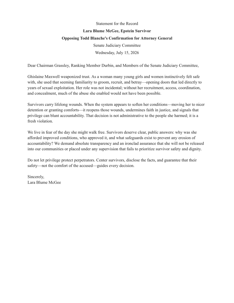 JudiciaryDems's tweet photo. Blanche was in charge of releasing the Epstein Files.

He botched it.

Survivors’ names were left unredacted while corrupt figures were protected.

He sent Ghislane Maxwell to a minimum security camp over survivors’ objections.

Jeffrey Epstein’s survivors oppose Todd Blanche. https://t.co/WRYCm4ABlR