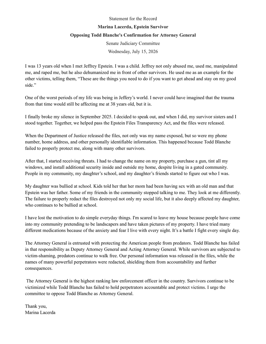 JudiciaryDems's tweet photo. Blanche was in charge of releasing the Epstein Files.

He botched it.

Survivors’ names were left unredacted while corrupt figures were protected.

He sent Ghislane Maxwell to a minimum security camp over survivors’ objections.

Jeffrey Epstein’s survivors oppose Todd Blanche. https://t.co/WRYCm4ABlR