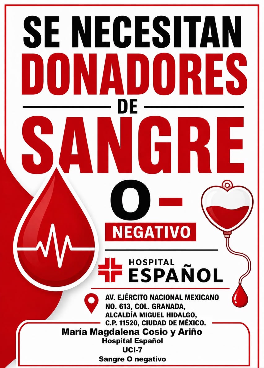 donaenvida's tweet photo. #URGENTE #CDMX #Sangre tipo O- para María Magdalena Cosio y Ariño, en el Hospital Español UCI-7.
Contactar al: 554 190 7786.

#DonaEnVida https://t.co/ngtsN2Jvt1