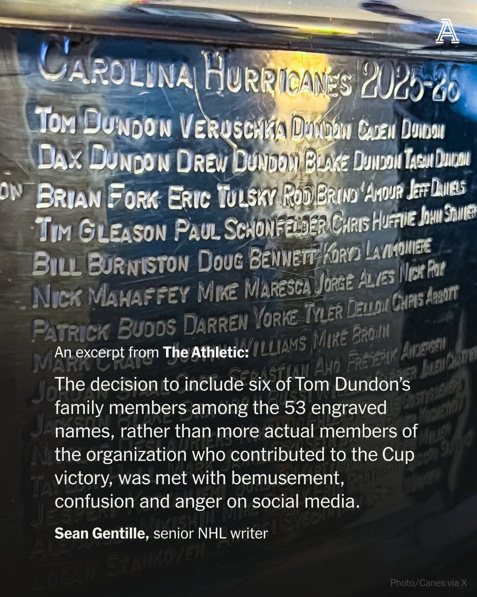 TheAthleticNHL's tweet photo. Nobody should’ve been surprised to see Carolina Hurricanes owner Tom Dundon’s name engraved on the Stanley Cup. Less expected were the names of his wife and children.

Here’s how Stanley Cup engraving works and why Carolina’s choices marked a departure: https://t.co/YgwT7e37HE https://t.co/WoivoCJvqk