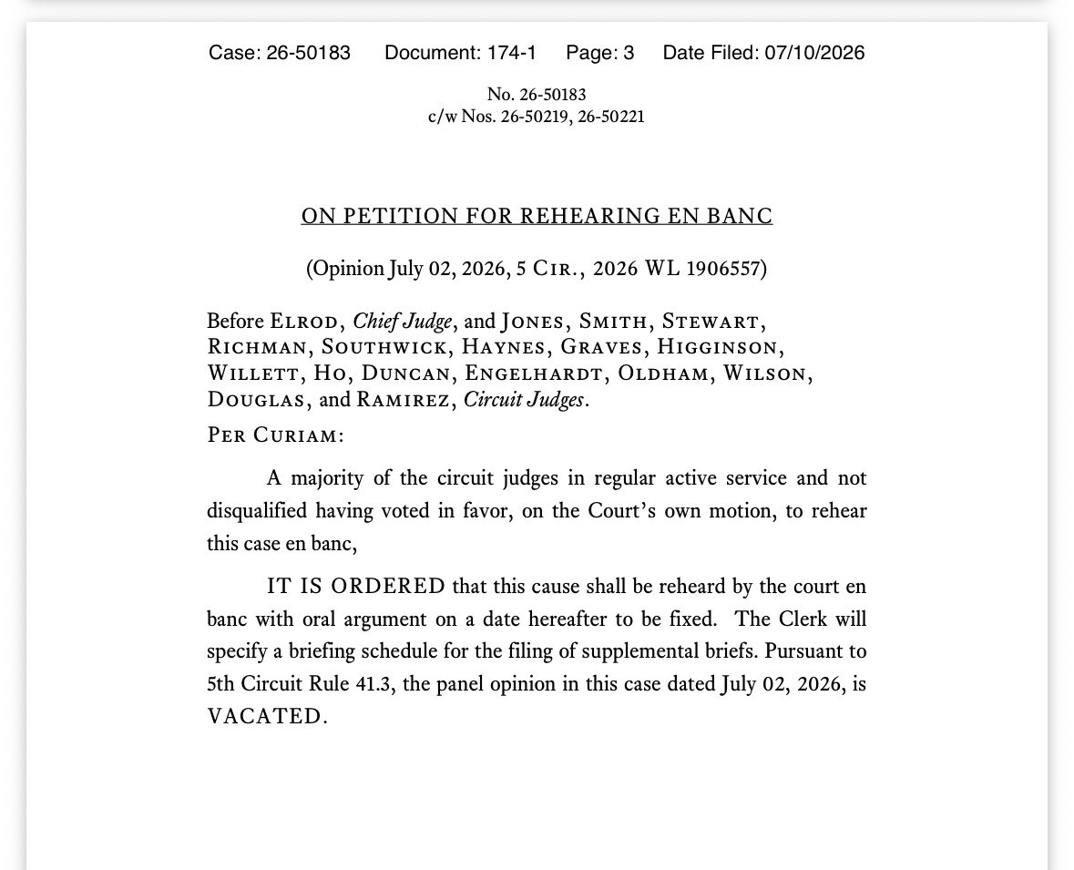 kyledcheney's tweet photo. JUST IN: The full bench of the 5th Circuit has quickly agreed to take up last week’s panel ruling finding a 90-day limit to detention without bond for people held under ICE’s new mandatory detention policy. https://t.co/FJb0UqfltB