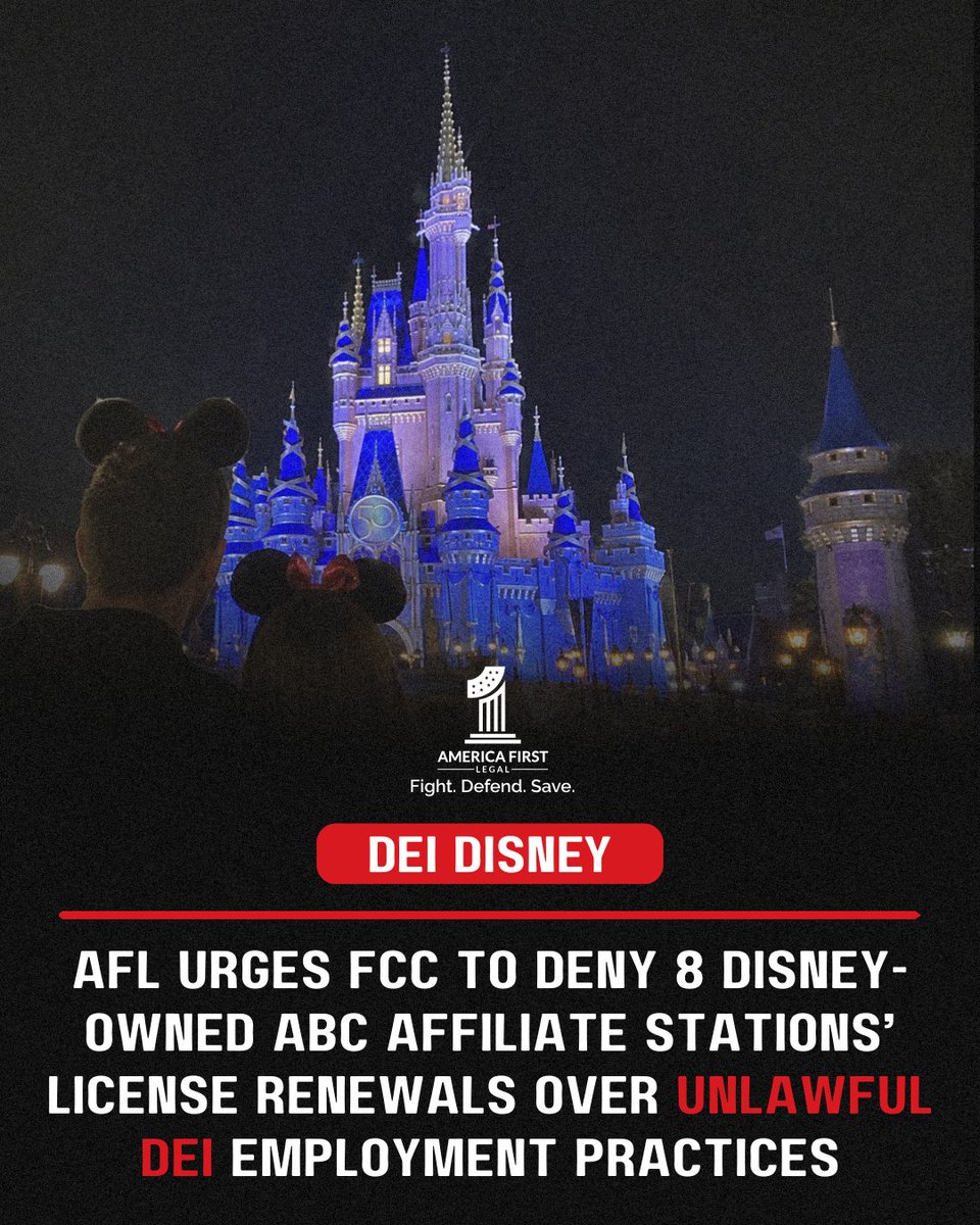 America1stLegal's tweet photo. Disney and its affiliates have a history of discriminatory employment practices.

America First Legal is urging the FCC to deny renewal of eight Disney broadcast licenses for this conduct.

Broadcast licenses are a public trust.

Stations that discriminate don’t deserve one. https://t.co/9eNaDGusq5