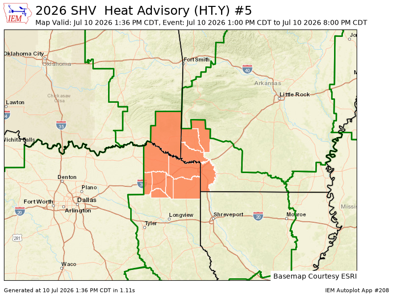 WxGarrison's tweet photo. SHV continues Heat Advisory for Howard, Little River, Miller, Sevier [AR] and McCurtain [OK] and Bowie, Camp, Cass, Franklin, Morris, Red River, Titus [TX] till Jul 10, 8:00 PM CDT https://t.co/cQEnqHn4uB https://t.co/ggVQbQeLpk