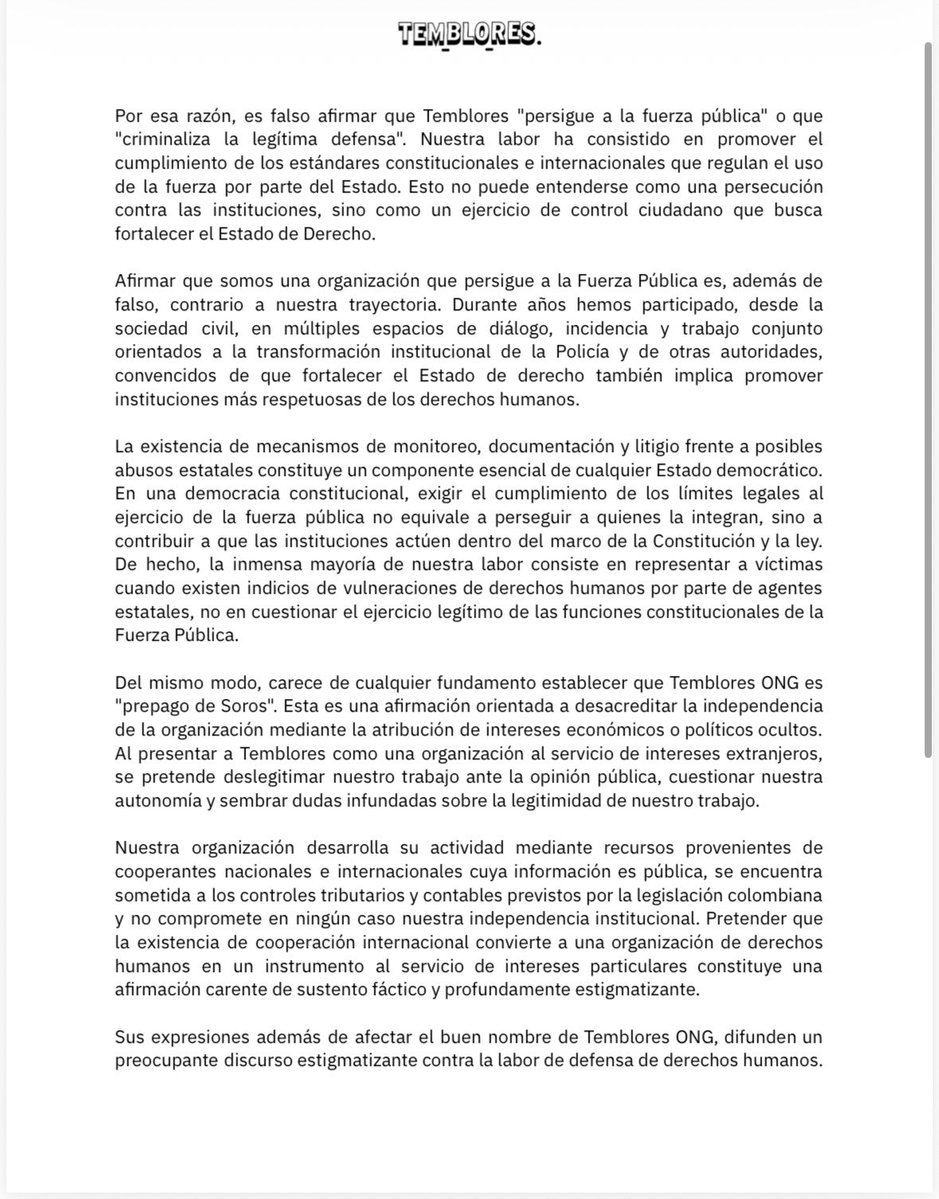 TembloresOng's tweet photo. Le solicitamos formalmente a la exsenadora @MariaFdaCabal que rectifique las afirmaciones falsas con las que nos acusa de ser “prepago de Soros” de “perseguir a la Fuerza Pública” y de “criminalizar la legítima defensa”. @DefensoriaCol @CIDH https://t.co/V5GIltpkSC