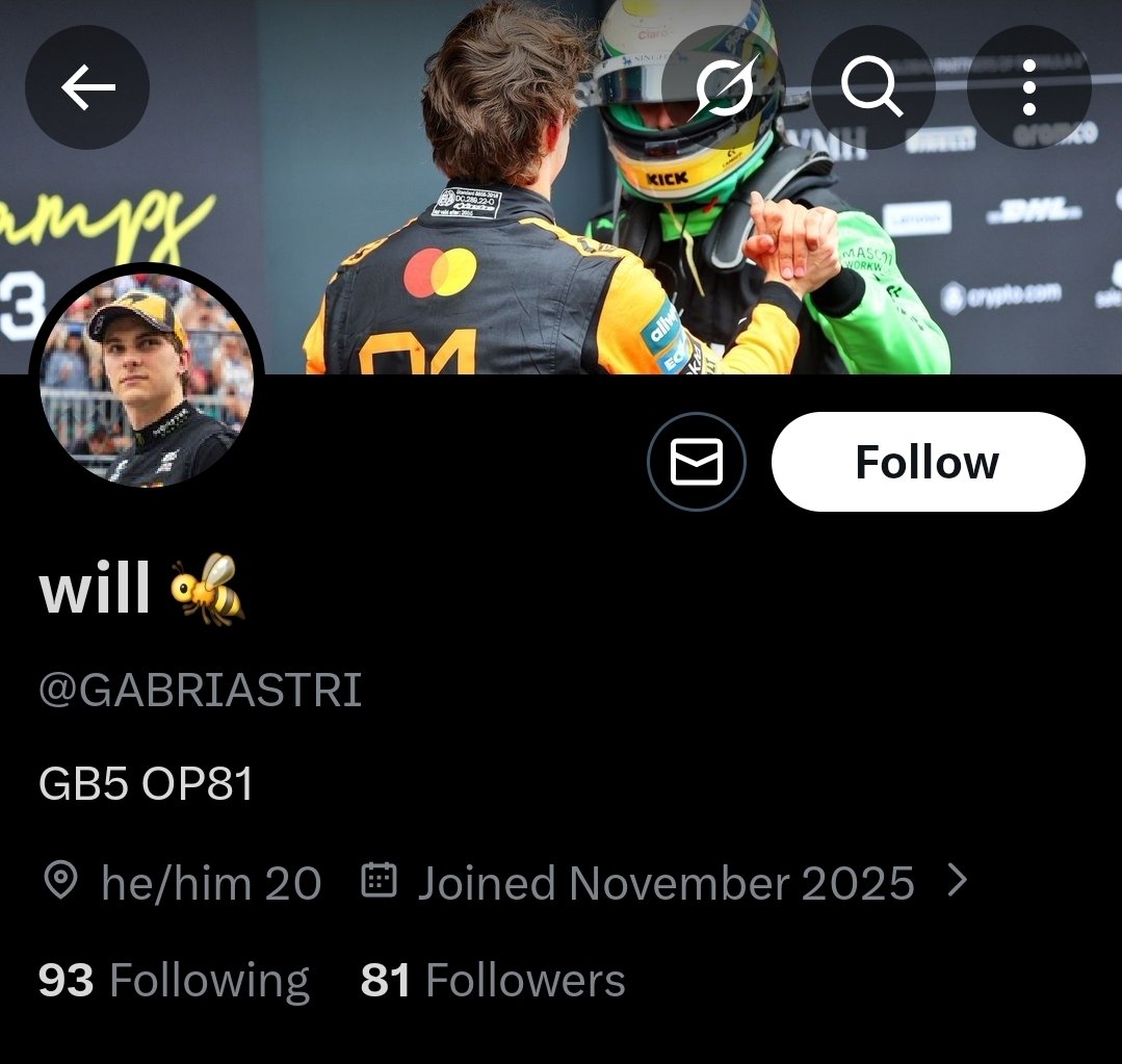 GABRIASTRI's tweet photo. I HAVE OSCAR PIASTRI AMOUNT OF FOLLOWERS THIS IS SO SPECIAL https://t.co/2Cig1wB9Wl