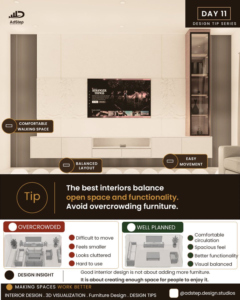 AdStepDesign's tweet photo. DAY 11 Tip 🔥

The best interiors balance open space and functionality.

Great design isn't about filling every corner, it's about creating spaces that are comfortable, practical, and enjoyable to live in.

Making Spaces Work Better

#SpacePlanning #InteriorDesign #FurnitureDesig https://t.co/fjQ1NqZrC4