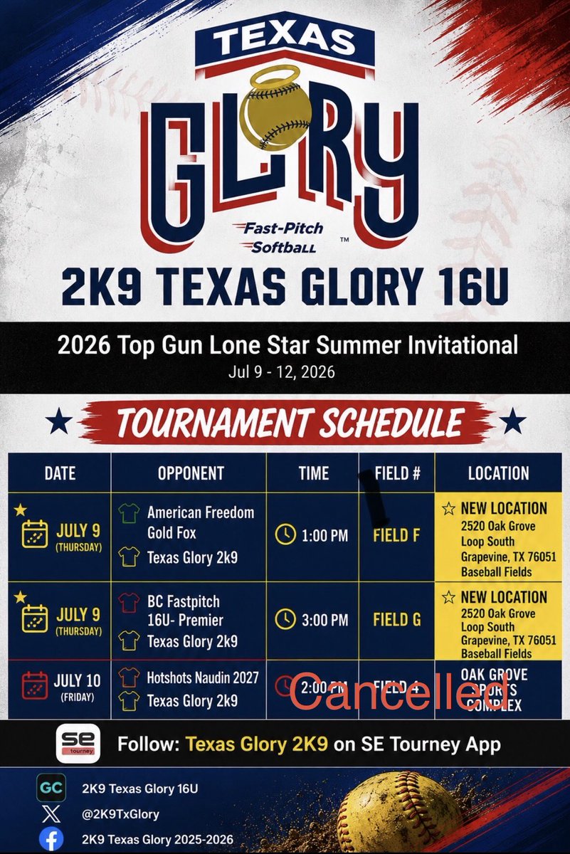 Naudin2728's tweet photo. ‼️Afternoon Game Concelled‼️
Pending pool play completion this evening for Bracket times released. 

➡️ Follow Texas Glory 2K9 in SE Tourney App⬅️ https://t.co/wTICq1vVPY