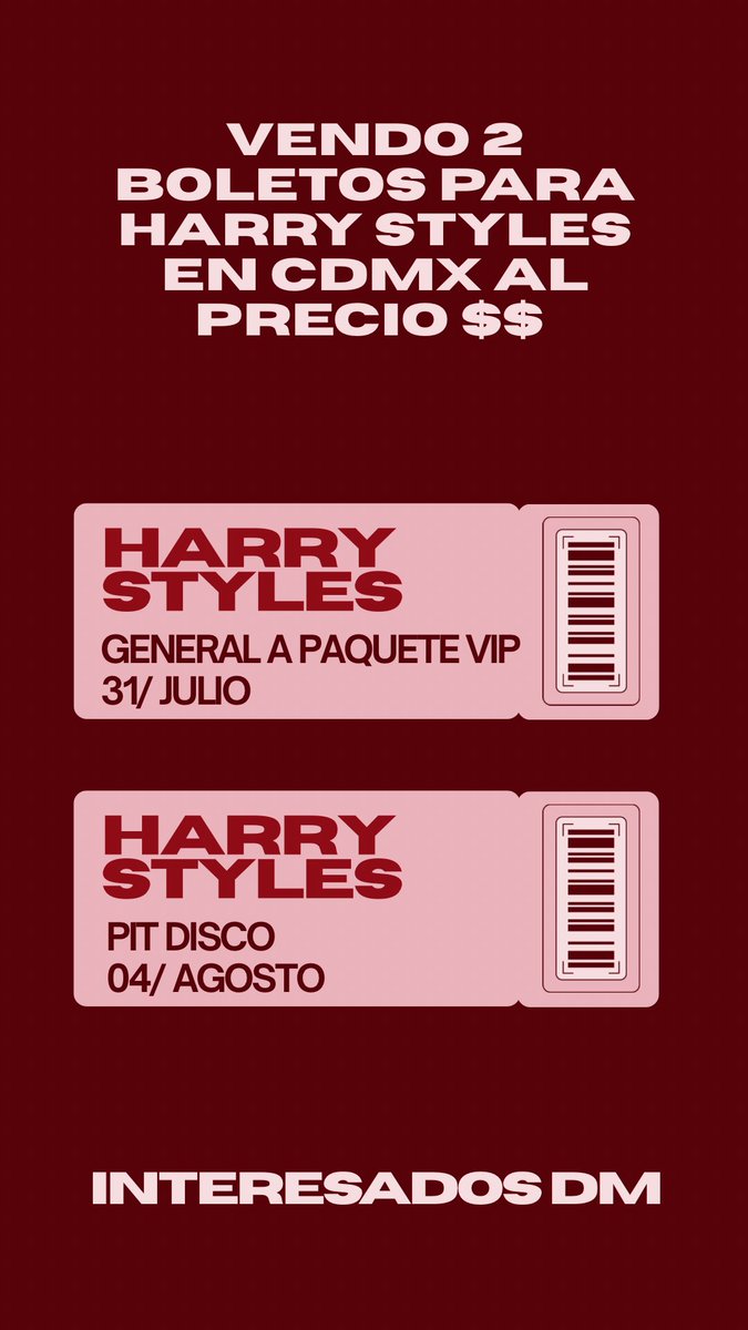 AlexaFierros's tweet photo. @handwrittentixs 
BOLETOS PARA HARRY STYLES 🎟️

Hello!! Estoy vendiendo 2 boletos para Harry styles en CDMX al precio que me costaron!! Los transfiero por Ticketmaster 

31 Julio General A c/ paquete VIP: $5,600
4 Agosto PIT Disco: $6,600 https://t.co/8967kebY2L