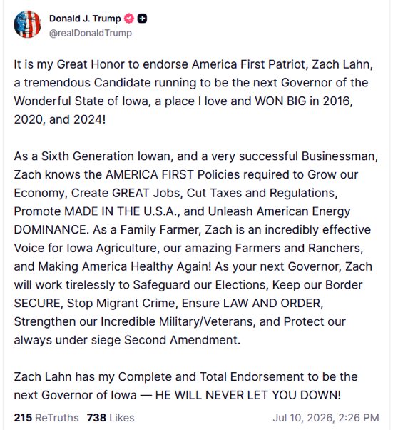 TheCalvinCooli1's tweet photo. 🚨Just in: President Donald Trump has officially endorsed Zach Lahn (@ZachLahn), the Republican nominee for Governor of Iowa https://t.co/7Dnn0YY6br