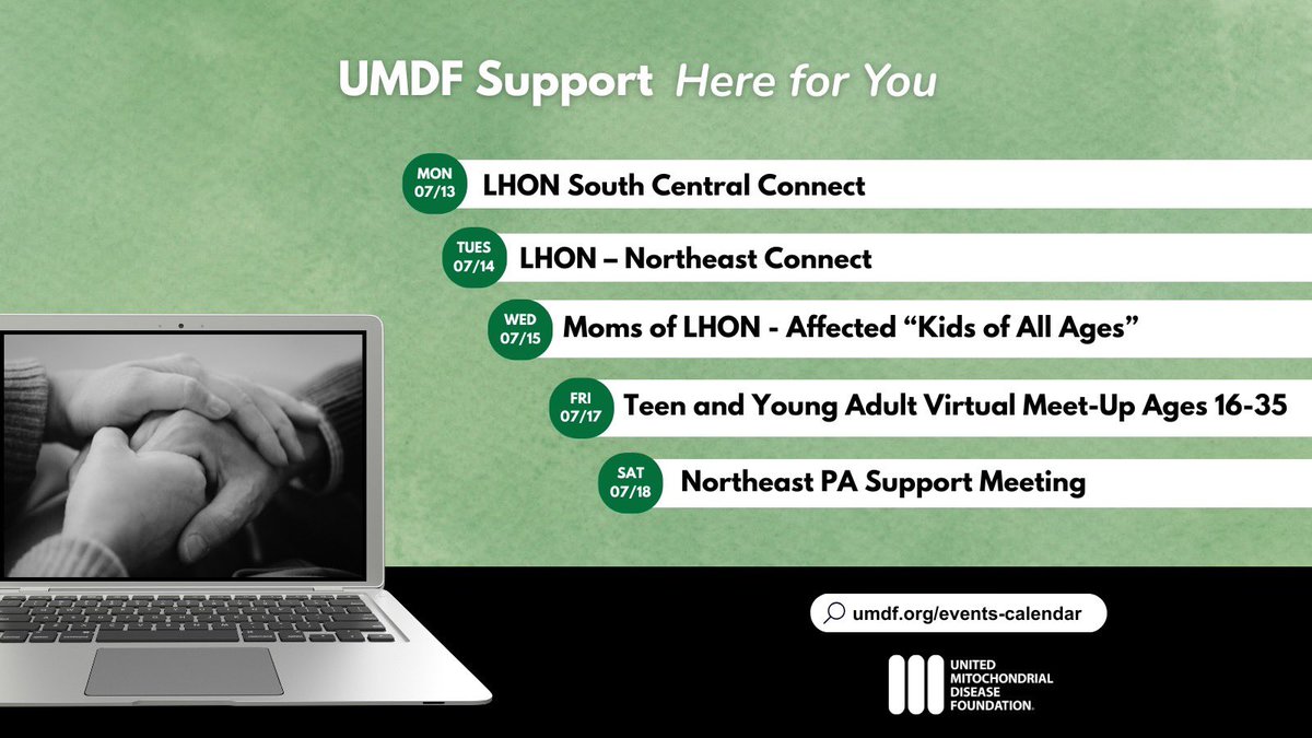 UMDF's tweet photo. You don’t have to navigate #mitochondrialdisease alone. Connect with patients and families through UMDF’s weekly virtual Support Meetings. Check our events calendar for login details and join us. https://t.co/weNphgGg21 https://t.co/in4CuwCl0h