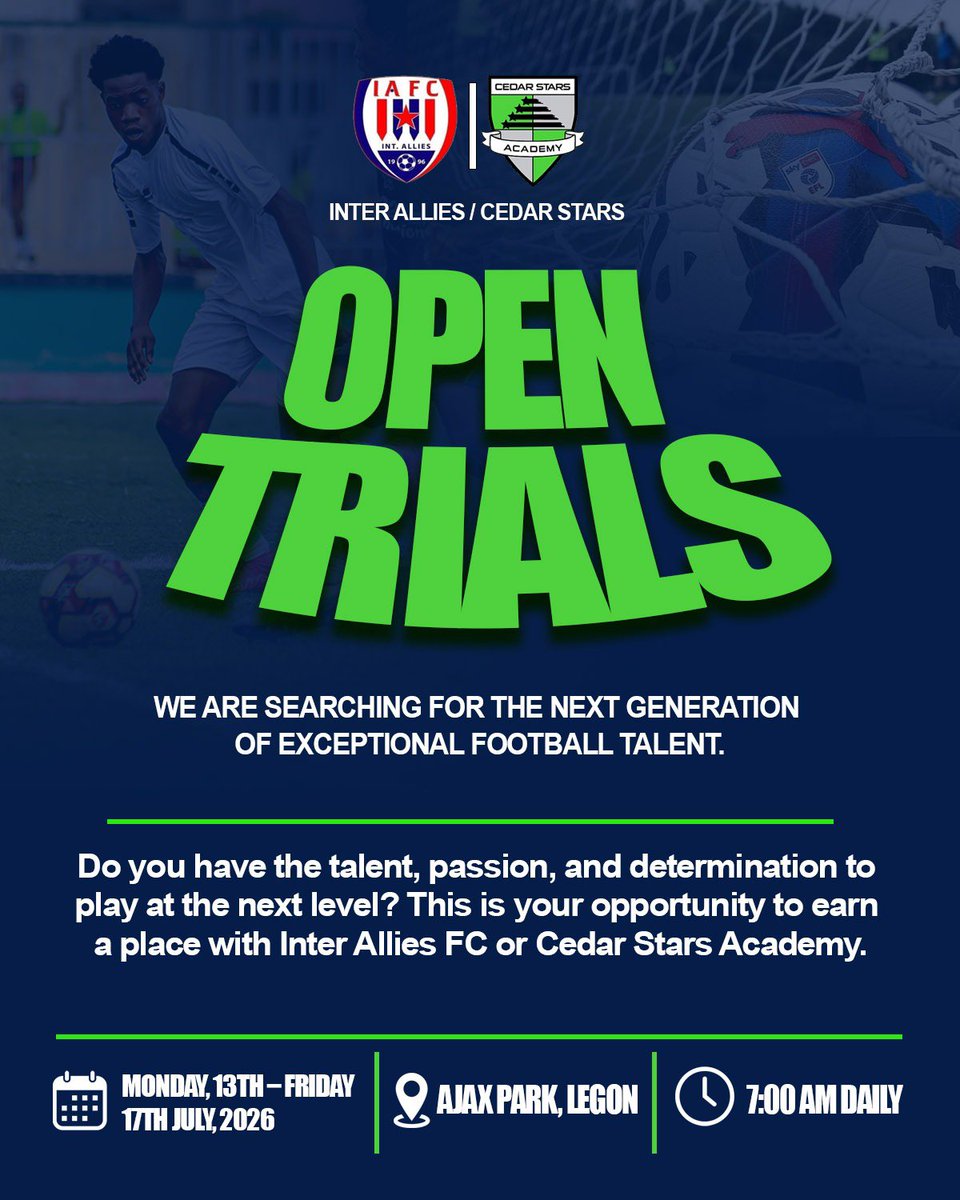 InterAlliesFC's tweet photo. Think you have what it takes? Show us !
🔴⚪️🔵#iafc | #ElevenIsToOne | #ForEverGreen https://t.co/AVNqqMoG0v