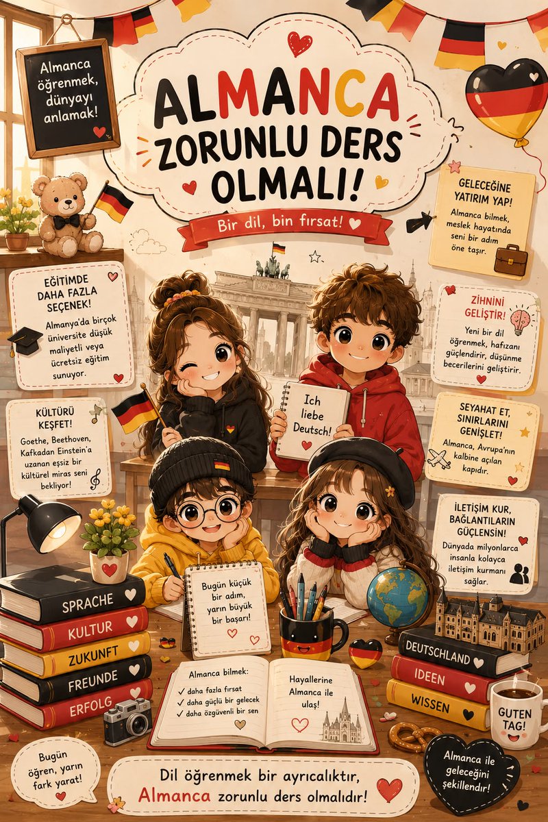 FigenMutluy's tweet photo. Günümüzde sadece İngilizce bilmek yetmiyor. Küresel dünyada fark yaratmak için ikinci bir yabancı dil şart. İlkokuldan liseye kesintisiz uzanan bir sistemle liselerde Almanca dersi yeniden zorunlu hale getirilmelidir. Gençlere vizyon katmanın yolu budur!
#AlmancaZorunluOlsun https://t.co/xDXfBMA7j0