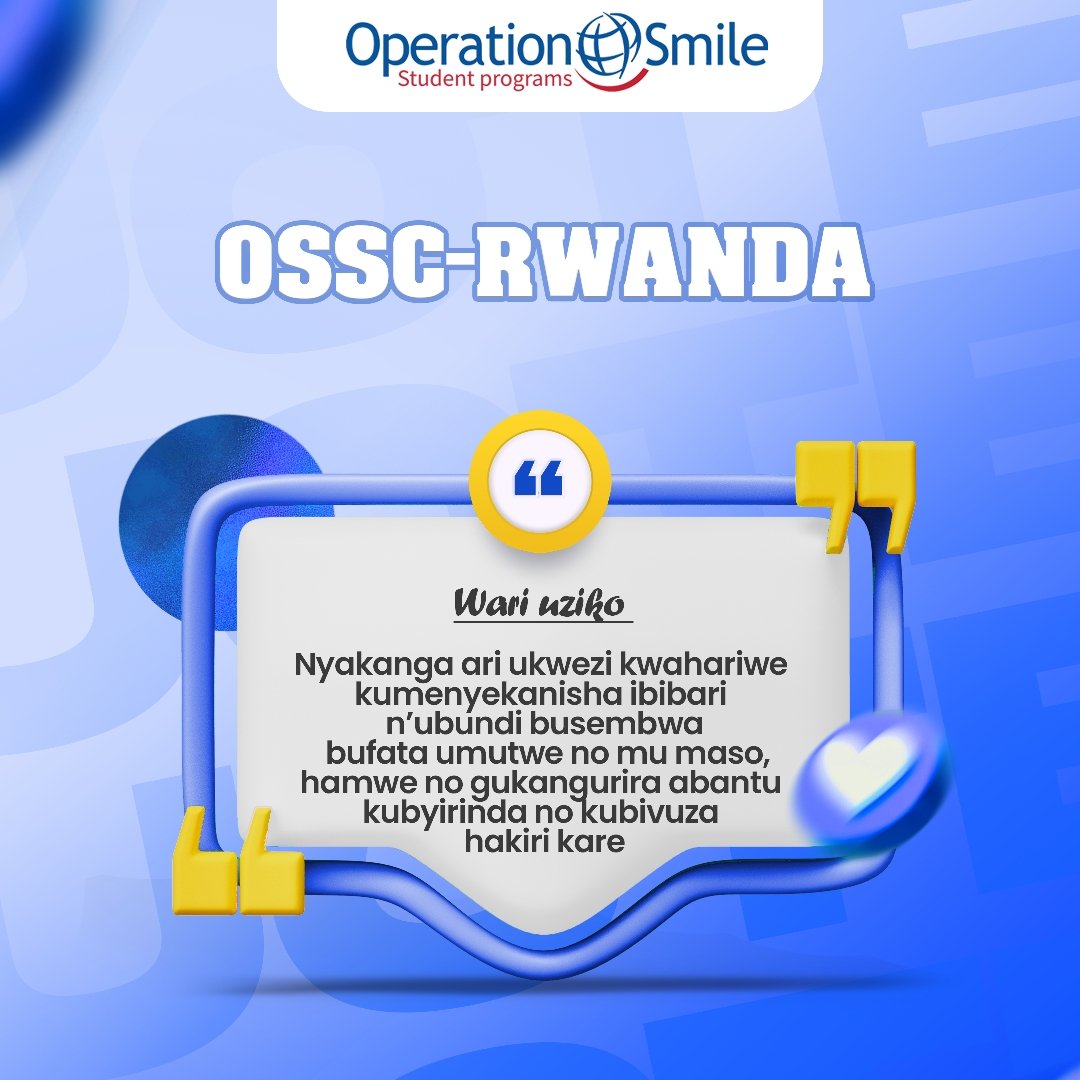 OSStudentRwanda's tweet photo. 🩵 🩵Nyakanga ni ukwezi k'ubukangurambaga ku isi hose ku bibari n'ubundi busembwa bufata umutwe no mu maso. Twibukiranya ko ubu busembwa bubaho ariko bushobora no kwirindwa. 🩵🩵
#Ibibari #Umutwe
#Nyakaga
#Inseko #Ikizere
#OSSC_Rwanda
#OperationSmile #StudentPrograms https://t.co/yWzf8PCgdX