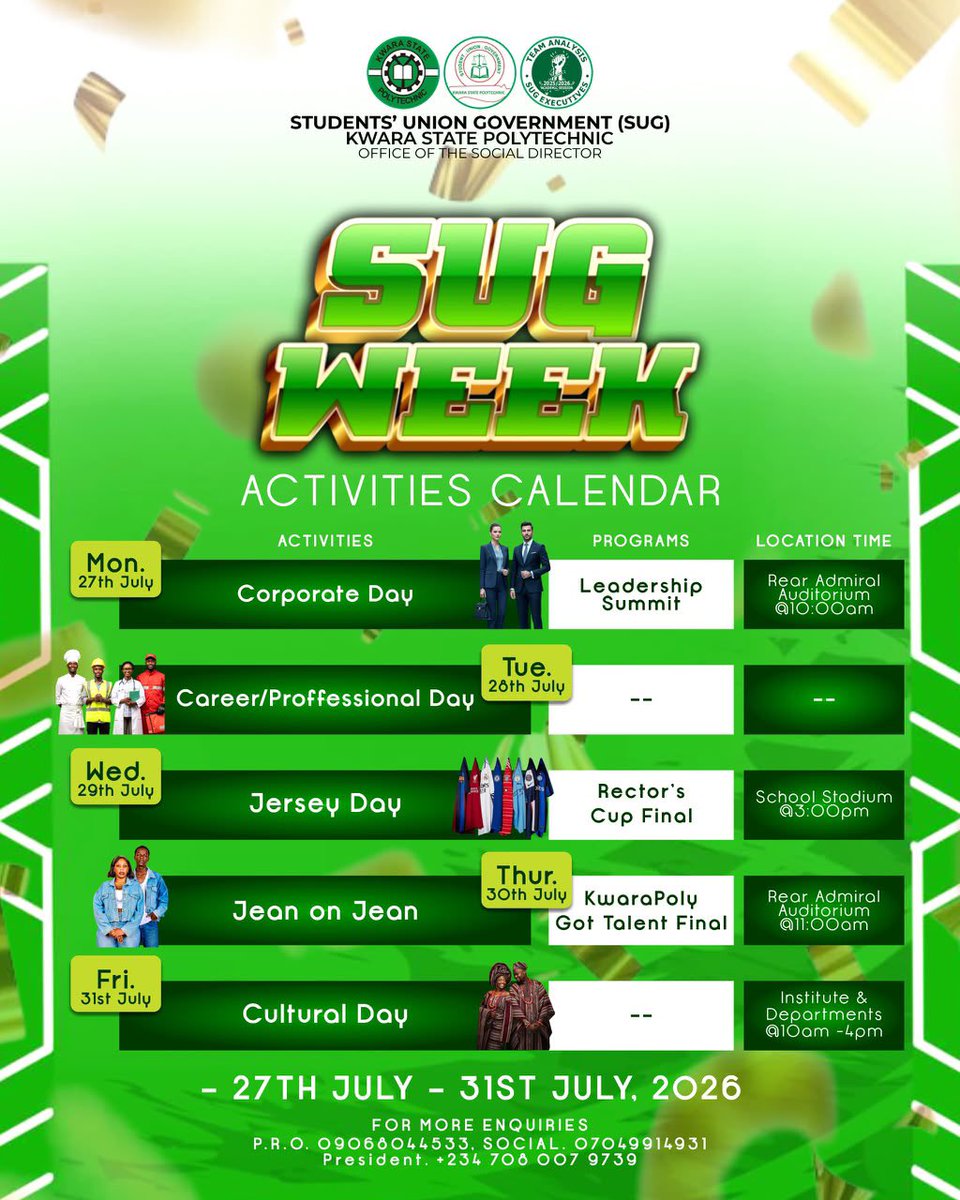 Kwarapoly_sug's tweet photo. The biggest and most exciting week on campus is here. Welcome to SUG Week 2026🔥🎉 https://t.co/Arut7NFhhB