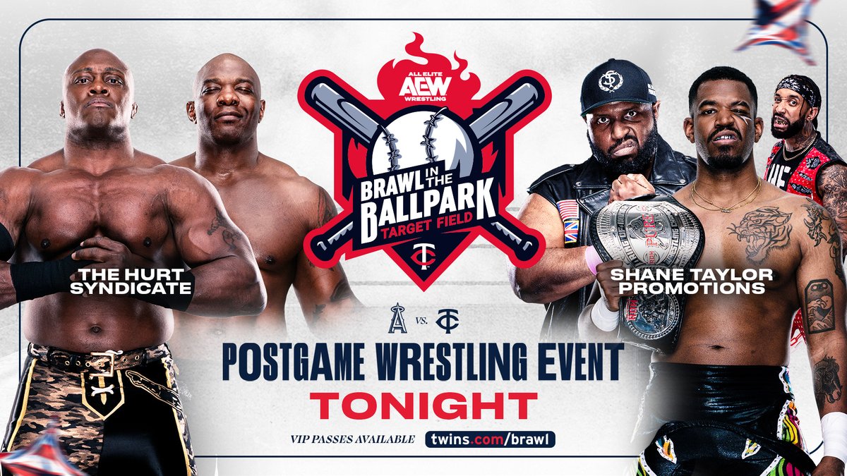 AEW's tweet photo. #AEWBrawlInTheBallpark
9:30 CT, @TargetFieldEVNT
TONIGHT!
The Hurt Syndicate vs STP
Two of AEW’s hardest hitting teams will face off when Minnesota’s 2-Time All-American @Sheltyb803 + @fightbobby fight @shane216taylor & ROH PURE Champion Lee Moriarty, TONIGHT! https://t.co/yEJmvWgZwc