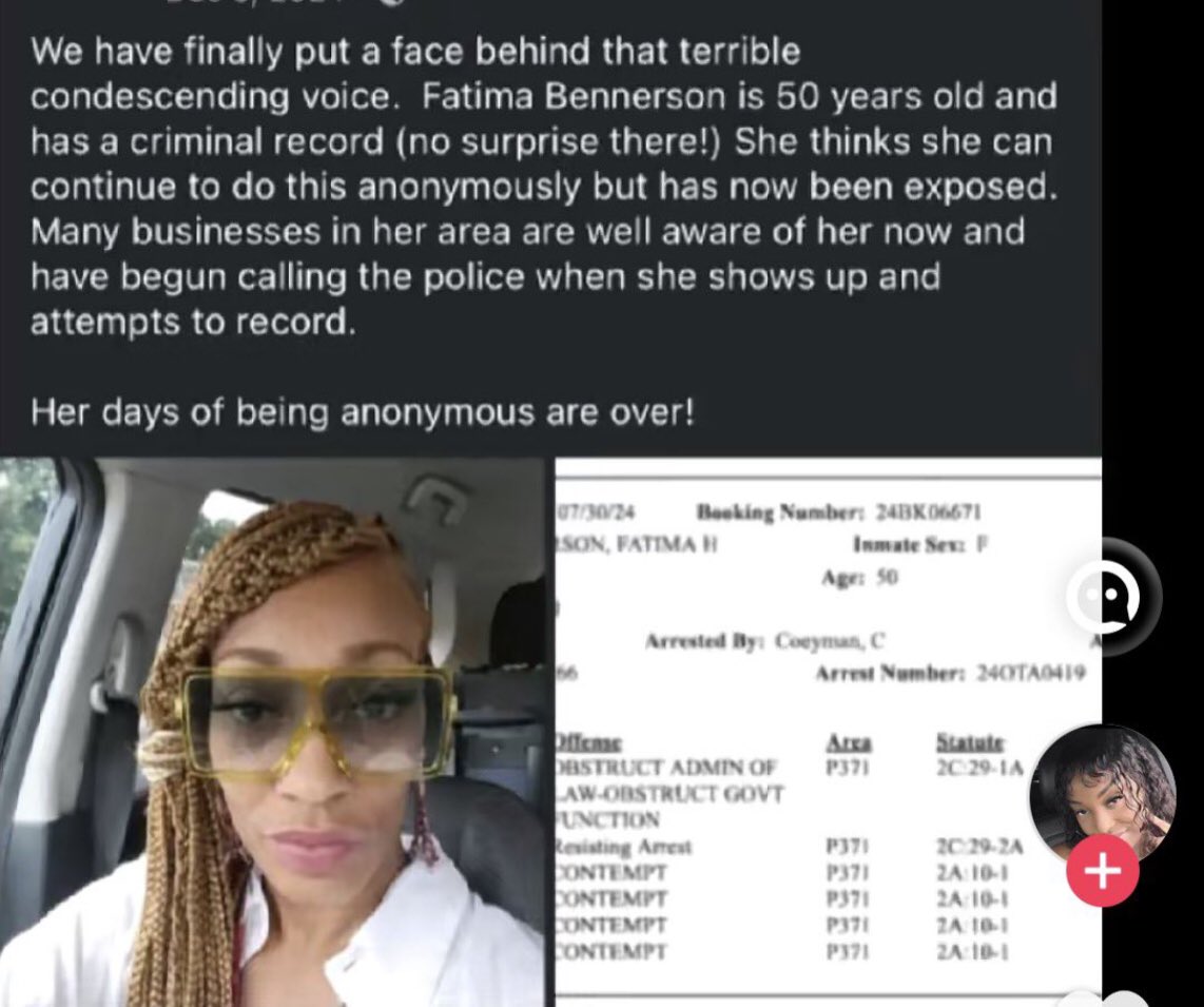 marishayone's tweet photo. @ClownWorld Fatima Bennerson of New Jersey strikes again to complain. Usual suspect with no respect and entitled behavior. 
This woman needs to be banned from all establishments considering she complains every single time. 
She’s insufferable! https://t.co/dtGvuIlfDM