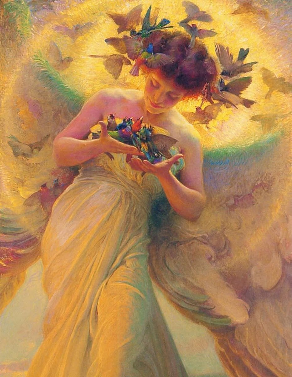 ninaslostnfound's tweet photo. And the birds sang in the branches,
 With a sweet, celestial sound,
And the spirit of the maiden
 Was with peace and beauty crowned.

— Henry Wadsworth Longfellow

🖌️ František Dvořák, 'The Angel of the Birds' (1910; oil on canvas) https://t.co/c66QNH7jqn