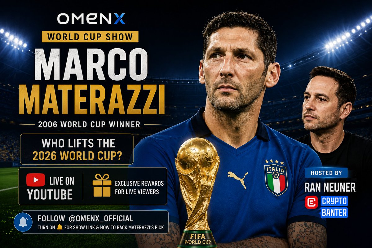 heisJesse_'s tweet photo. When someone who has scored in a World Cup final and lifted the trophy speaks, it is really worth paying attention.

This Saturday, the big player Marco Materazzi joins the OmenX World Cup Show to reveal the one prediction everyone wants to hear: 

Who wins the 2026 FIFA World Cup?

 Having watched the tournament with no national bias and no agenda, he will go on record with his pick live.

And alongside with Ran Neuner hosting and breaking down the market's perspective behind every prediction, this will not just be another football discussion, it's where experience meets prediction markets.

There will also be exclusive rewards for live viewers, so make sure you don't miss it.

I will be tuning in. Come join me, let us hear Materazzi's prediction, compare our picks, and see where the market stands before the next World Cup champion is crowned.