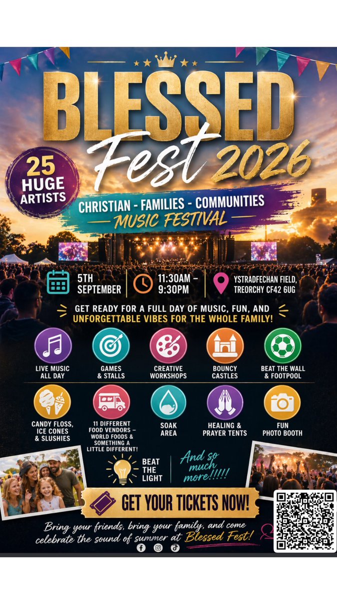 AStepFWD's tweet photo. 𝐁𝐥𝐞𝐬𝐬𝐞𝐝 𝐅𝐞𝐬𝐭 𝟐𝟎𝟐𝟔 is set to be one of the biggest Christian festivals in Wales, bringing together faith, family, worship, music, and community for an unforgettable day in Treorchy.

With over 25 artists and worship leaders, international visitors already travelling from around the world, family attractions, food vendors, prayer spaces, and activities for all ages, this is more than a festival. It's a celebration of faith and unity.

Tag someone you'd bring with you! 👇

Get tickets here >>> https://t.co/VFY9A7LyrB