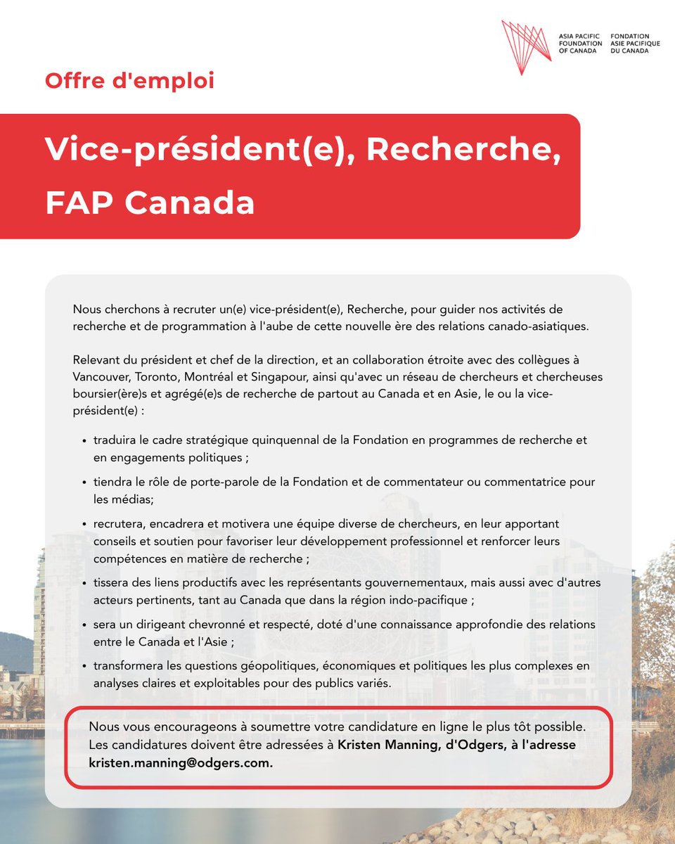 AsiaPacificFdn's tweet photo. RAPPEL : Nous cherchons à recruter un(e) vice-président(e), Recherche, pour guider nos activités de recherche et de programmation à l'aube de cette nouvelle ère des relations canado-asiatiques. 

Afin de pourvoir ce poste, la FAP Canada a collaboré avec Odgers. Nous vous encourageons à soumettre votre candidature en ligne le plus tôt possible. Les candidatures doivent être adressées à Kristen Manning, d'Odgers, à l'adresse kristen.manning@odgers.com. 

Pour plus de renseignements, consultez le lien : https://t.co/CuXG1GTKLd