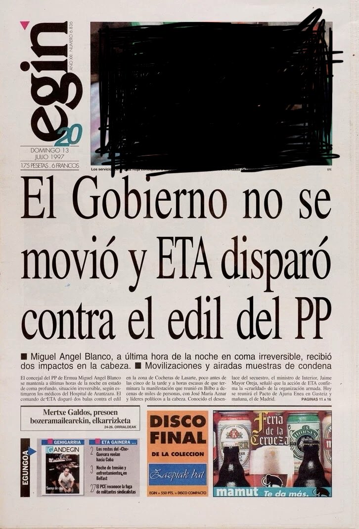 CarmenLdeG's tweet photo. Así contó el periódico de ETA el asesinato de MA Blanco. Poco más que decir. Por cierto, la que fuera editora del periódico ahora es portavoz de Bildu en el Congreso https://t.co/hZ4uMJ7rYK