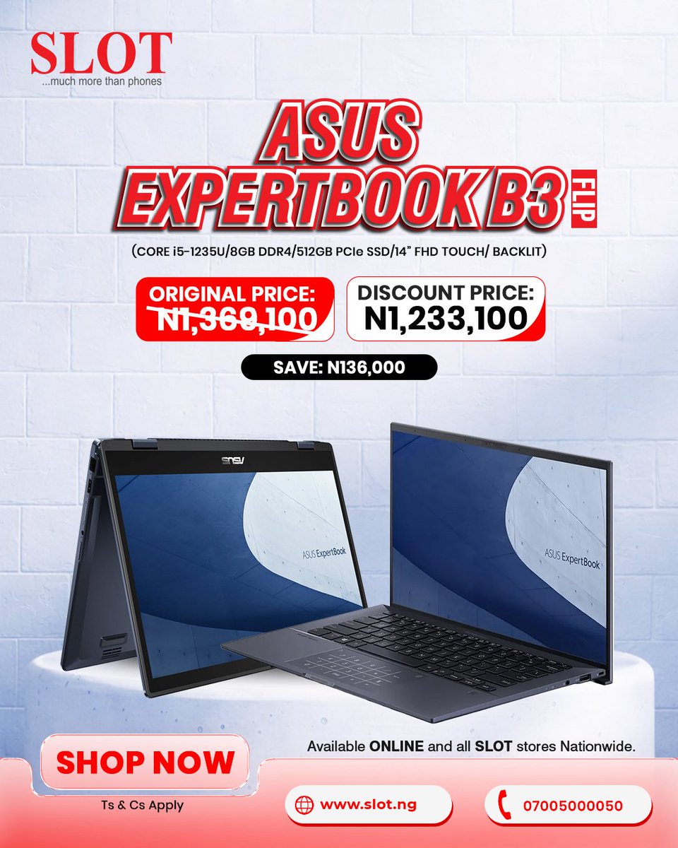 slotlimited's tweet photo. Slash the price, not the performance. 💻

Upgrade your work setup with the ASUS ExpertBook B1 & B3 Flip at unbeatable SLASH SALE prices. 

Get premium performance, powerful specs, and incredible savings for a limited time.

Offer runs till July 31st, 2026. Hurry! Grab yours now. 

SLOT... Much More Than Phones.

📍Shop now at https://t.co/PTFLUayEpp or any SLOT store near you to enjoy the SLOT experience. 

For inquiries;
Call us on 07005000050
Send us a WhatsApp message via https://t.co/UJjjnWkVP0 

#SLOTNigeria #SlashSale #ASUSExpertBook #LaptopDeals
