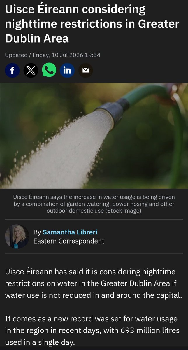 LFJIreland's tweet photo. Uisce Éireann would have a neck to attempt to curb the usage of water anywhere in Ireland, considering that they have been fined €20 million for failing to reach mandated leakage targets, while paying colossal sums to their management and staff. 

Bonuses for staff at the company soared by €4.8 million (36.5%) in 2025 to €17.84 million and by €2.5million (24%) in 2024. CEO Niall Gleeson will receive an overall pay package this year of €391,953 - an overall rise of €118,000 from last year.

Uisce Éireann has also been prosecuted at least 35 times by the Environmental Protection Agency (EPA) for failing to properly treat wastewater, with 6 separate criminal prosecutions regarding failures in drinking water quality.

Between 70% and 80% of their funding is provided by the Irish taxpayer.

Time to take back our water. 🇮🇪