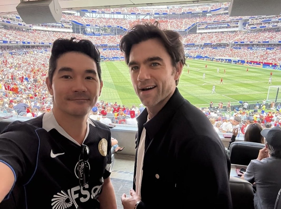 pdeardzcrave_'s tweet photo. Patrick Ball and Ken Kirby today watching Spain vs Belgium in LA:

“Day shift x night shift peace deal brokered by marriottbonvoy.” https://t.co/XcoTZO0COd