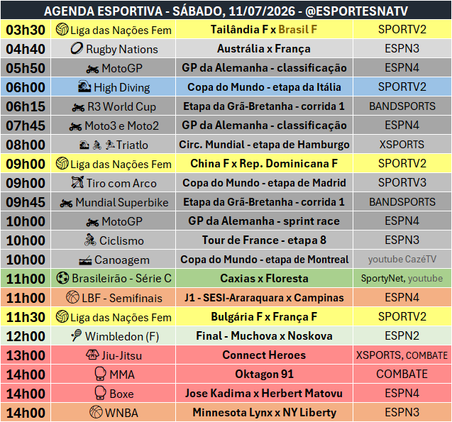 EsportesNaTV's tweet photo. A agenda esportiva deste SÁBADO (11/07/2026) https://t.co/XxHuugFVB7