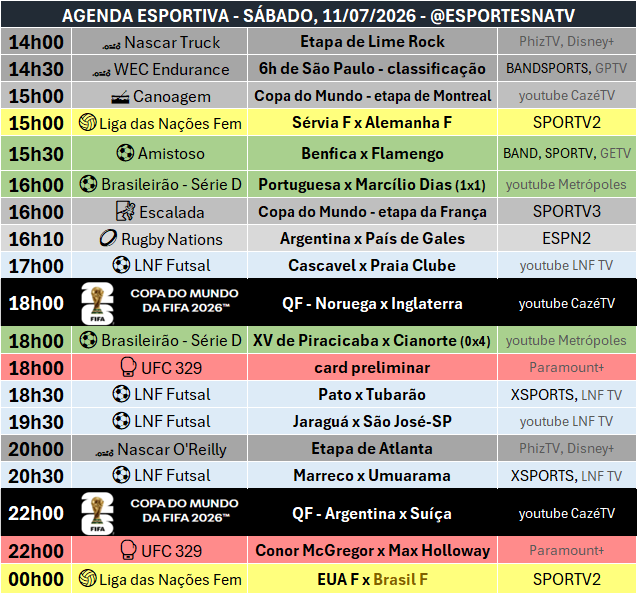 EsportesNaTV's tweet photo. A agenda esportiva deste SÁBADO (11/07/2026) https://t.co/XxHuugFVB7