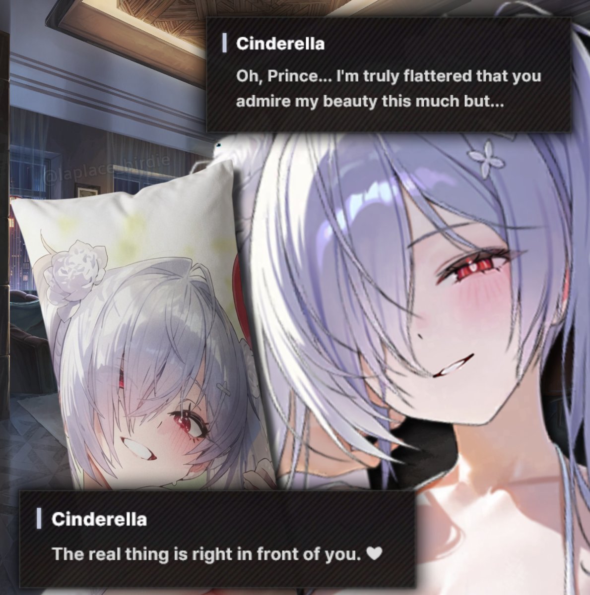 laplace_birdie's tweet photo. cinderella found the body pillow. https://t.co/WpZGNrhaQA