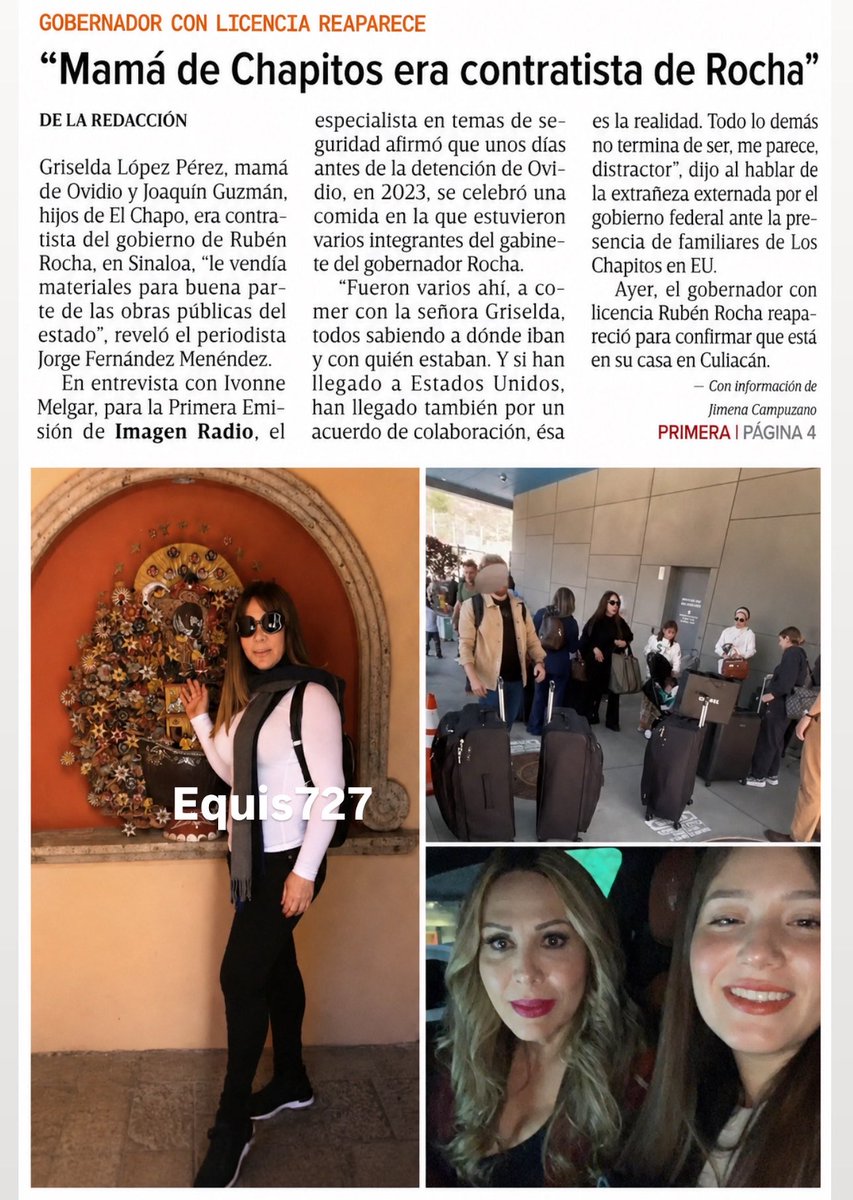 equis727's tweet photo. Griselda López Pérez, madre de cuatro de los hijos de Joaquín “El Chapo” Guzmán —Joaquín Guzmán López, Ovidio Guzmán López (“El Ratón”), Edgar Guzmán López (fallecido) y Griselda Guadalupe Guzmán López, Griselda López Pérez también utilizaba la identidad de Karla Pérez Rojo.

De acuerdo con la información difundida en las últimas horas, habría recibido contratos durante la administración del gobernador de Sinaloa, Rubén Rocha Moya.

Actualmente, Griselda López se encuentra en Estados Unidos, donde, según diversos reportes periodísticos, permanece bajo protección tras los acuerdos de cooperación alcanzados por sus hijos con las autoridades estadounidenses. Esos reportes señalan que dichos acuerdos se produjeron después de que proporcionaran información a las autoridades, en un contexto relacionado con la entrega o captura de Ismael “El Mayo” Zambada.