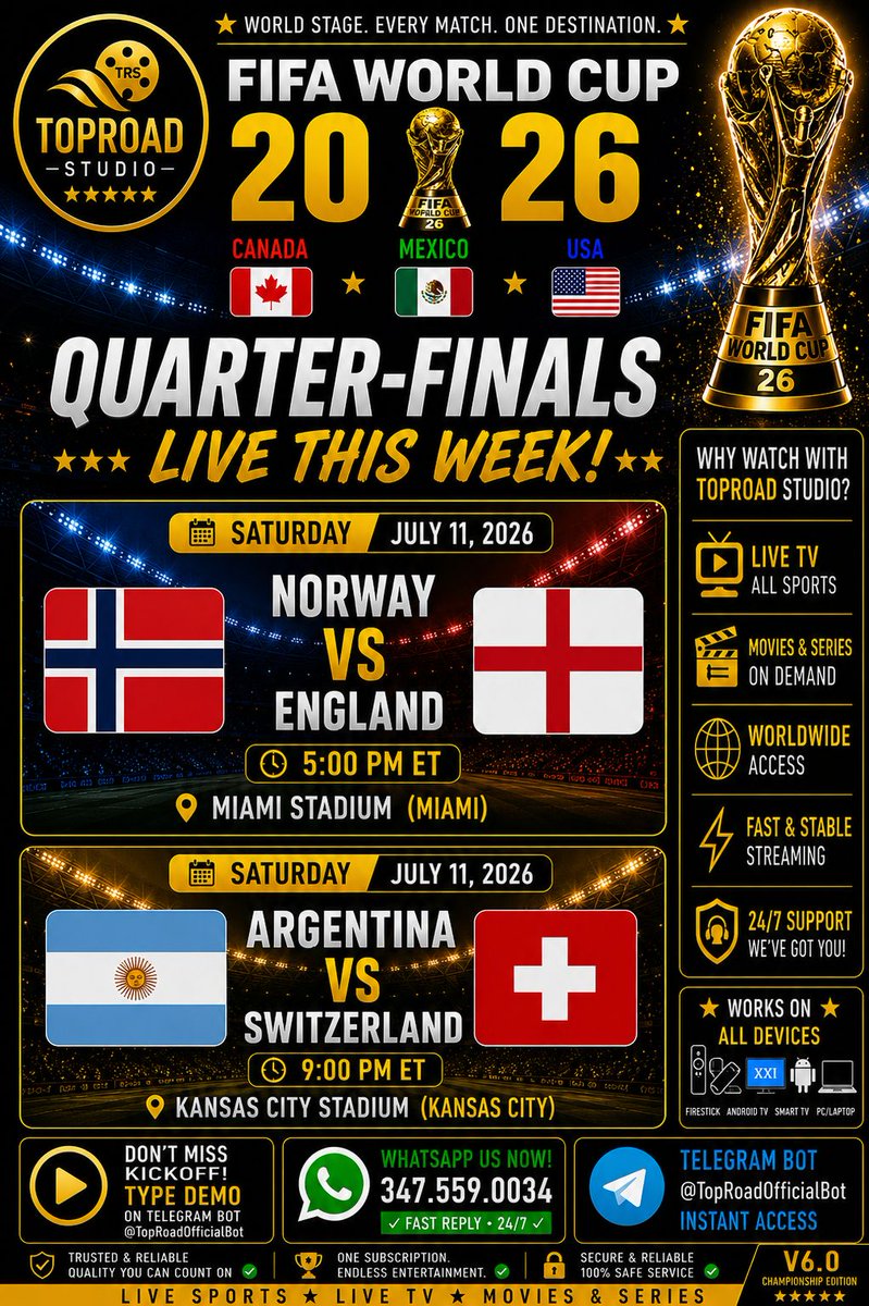 TopRoadRadio's tweet photo. 🔥 The Quarter-Finals continue this Saturday! Which nation punches its ticket to the Semi-Finals? 🌍⚽

🇳🇴 Norway 🆚 England

🇦🇷 Argentina 🆚 Switzerland

Stream every match from one place with TopRoad Studio.

📲 Type DEMO to see how it works.

#matchday #TeamTopRoad https://t.co/PFqSOI702X