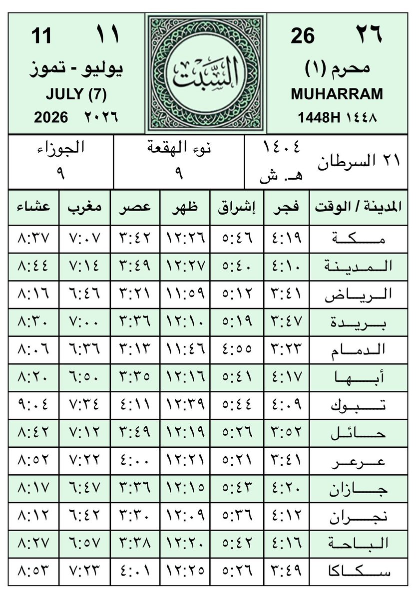 altaqwim30's tweet photo. مواقيت الصلاة ليوم السبت
 الموافق ٢٦ / ١ / ١٤٤٨هـ https://t.co/xrlI0rSGgR