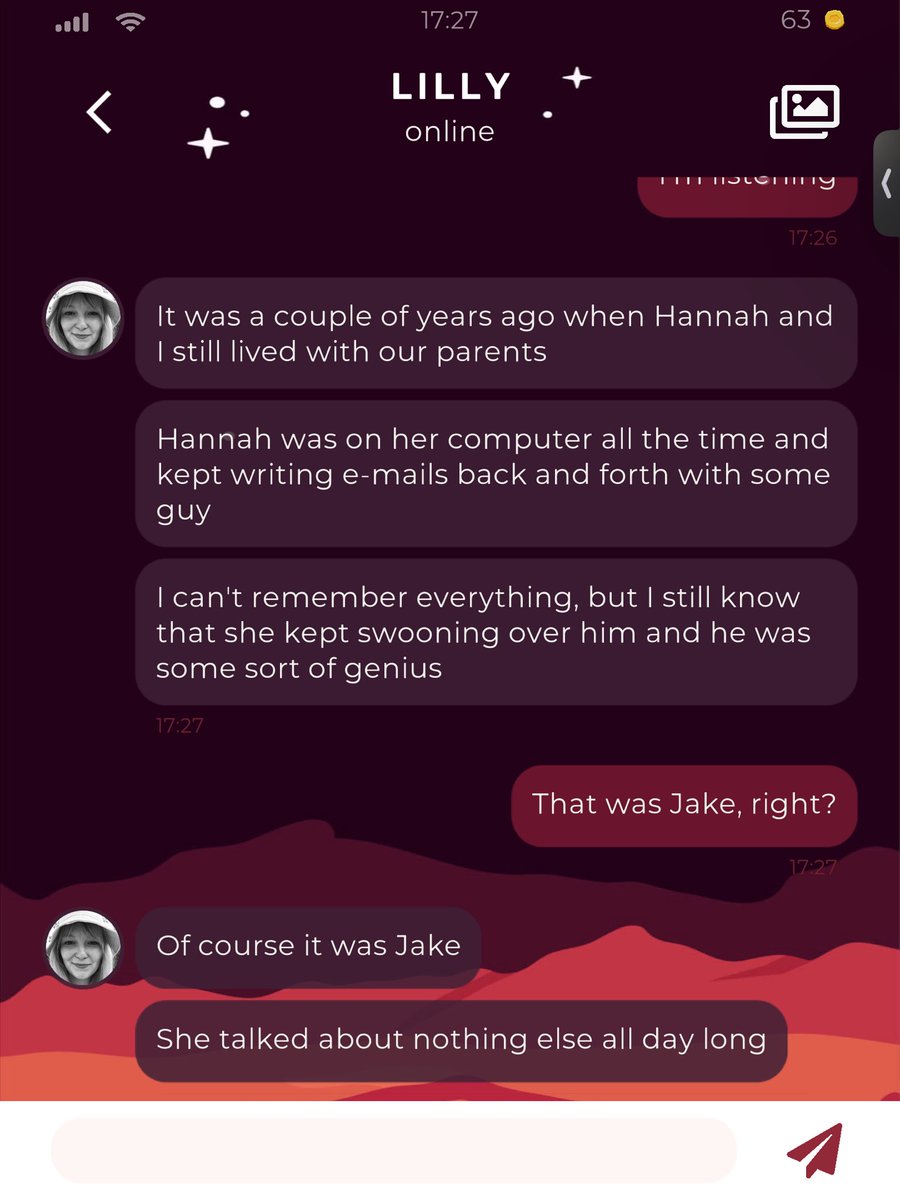 ari_sta1's tweet photo. Necesito saber la perspectiva de Hannah en todo el asunto, cómo supo que Jake era un genio? Ella lo dedujo durante sus conversaciones o Jake llegó y le dijo “fíjate que soy un tipo muy listo” y ella le creyó? https://t.co/alAaFzXHYZ