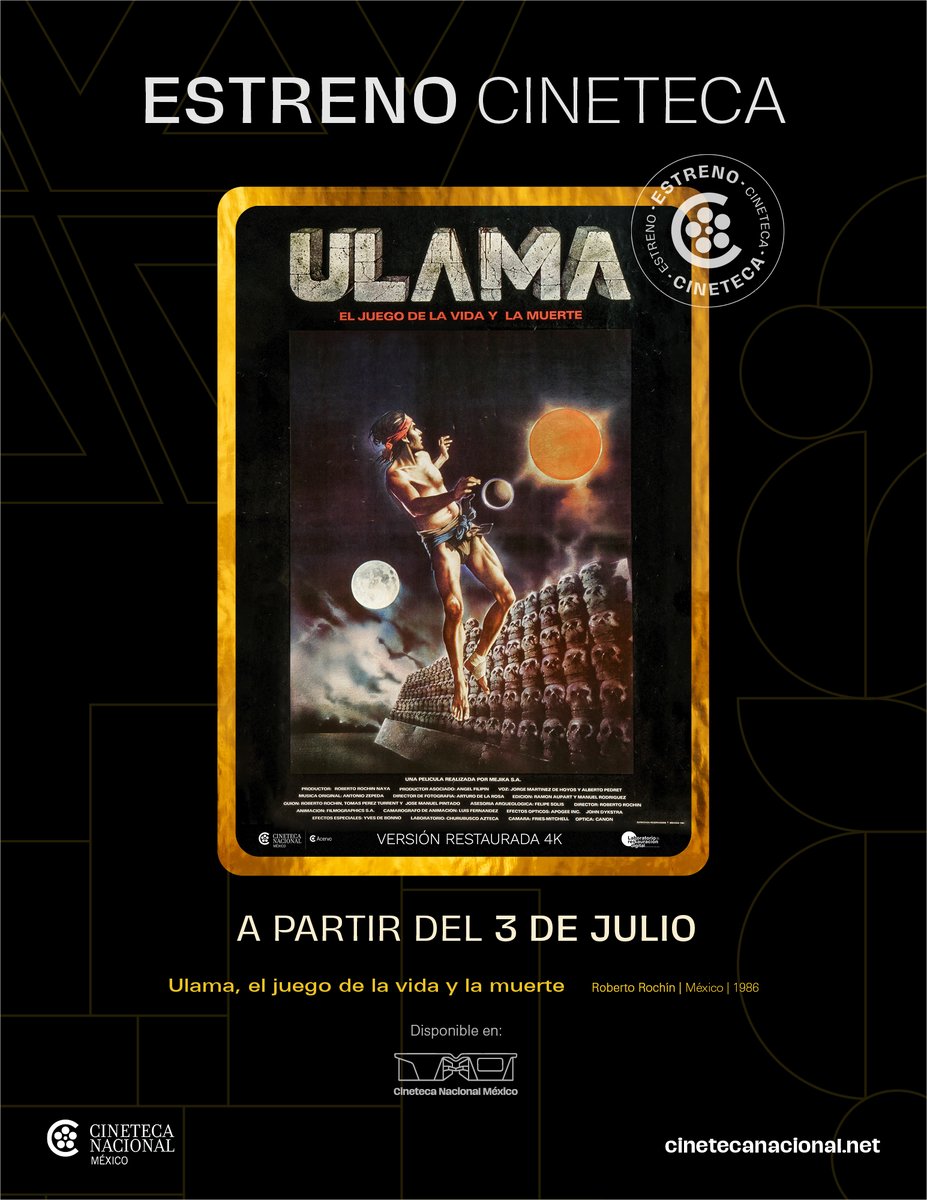 CinetecaMexico's tweet photo. Luego de un complejo proceso de restauración y digitalización 🎞️, la Cineteca Nacional🔴exhibe por primera vez la versión restaurada de ULAMA, EL JUEGO DE LA VIDA Y LA MUERTE. Un documental sobre uno de los deportes ⚽ más antiguos de Mesoamérica. 

¡Te esperamos en la Sala!  Enlace a la compra de boletos 👉https://t.co/OK7HkmxJ3s