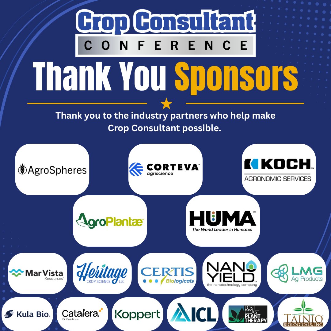 my_ag_life_ca's tweet photo. A strong conference needs strong support. Thanks to our sponsors for making the Crop Consultant Conference possible! See you Sept 23–24.
Get your booth here- https://t.co/4l1bxmJq87
#CropConsultantConference #CaliforniaAgriculture #CropAdvisors #PCAs #CCAs #AgProfessionals https://t.co/A5X9Yq6PHV