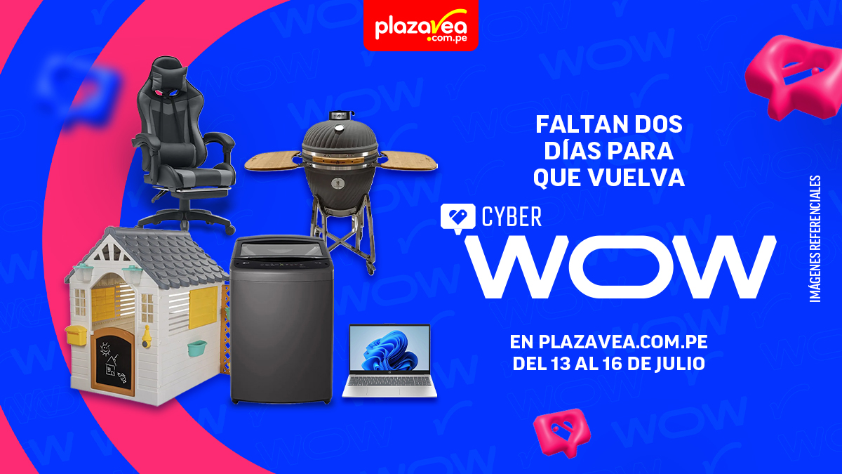 plazavea's tweet photo. ⏰ ¡Solo faltan 2 días para el #CyberWOW en https://t.co/VQJtDQcnnQ! 💥 Del 13 al 16 de julio aprovecha precios wow y renueva tu hogar. 🛍️💻 ✨ https://t.co/L1cm4sQGDG
