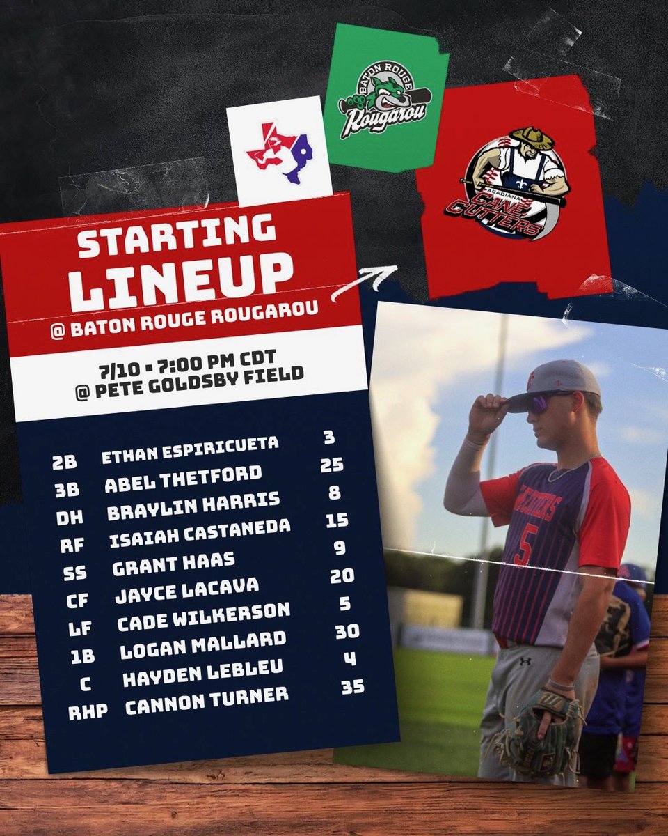 canecuttersbsb's tweet photo. Your Acadiana Cane Cutters Starting Lineup, brought to you by SLEMCO! ⚾️

Looking to build on last night's 3-2 win as we face the Rougarou in Baton Rouge! ⚾️

First pitch: 7:00 PM

#CaneCutters #GeauxCutters #TexasCollegiateLeague https://t.co/ZENZfoW3on