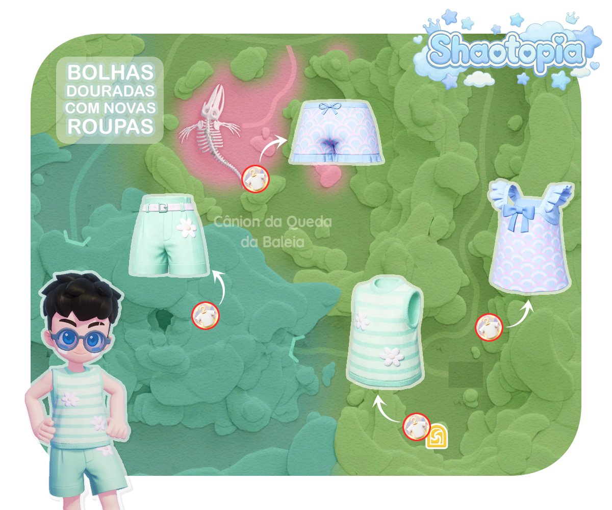 shaotopia's tweet photo. Mapa: Novas Bolhas Douradas

4 novas peças de roupas GRÁTIS em 4 novas bolhas douradas no Cânion da Queda da Baleia! 🐳
Siga a rota e resgate-as!

#Heartopia https://t.co/voq2GiEfTq