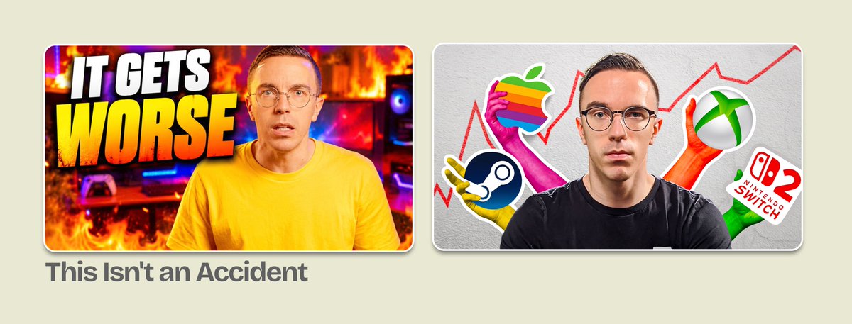 thumbneon's tweet photo. I redesigned a random thumbnail from youtube 

one screams at you. one tells a story 

why left loses

"IT GETS WORSE" and "This Isn't an Accident" are two different hooks fighting each other

viewer can't even tell what the video is about 

right fixes it 

thumbnail answers what → these companies, prices rising

title answers why click → it's deliberate

📥 DM to get a free redesign