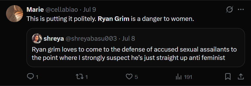 solidarityhours's tweet photo. Ryan Grim reported an omission by Politico and he gets a massive wave of people calling on him to be canceled, fired (fire himself I guess?), investigated, alleging him to be a rape promoter and even that he's a danger to women himself. We're going to be stuck in 2017 forever. https://t.co/K5tDzRNBzp