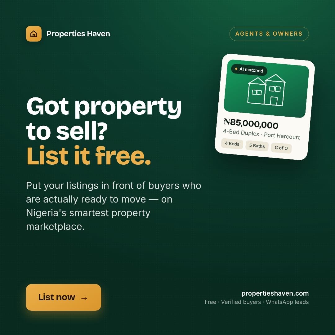 propertieshvnng's tweet photo. Selling a property shouldn’t start with paying listing fees.

On Properties Haven, you can list your property for free and reach buyers who are actually ready to move.

Built for modern real estate in Nigeria.

https://t.co/7Ji08eGZWO

#property #realestateagent #realtor https://t.co/sTNvez9Rt3