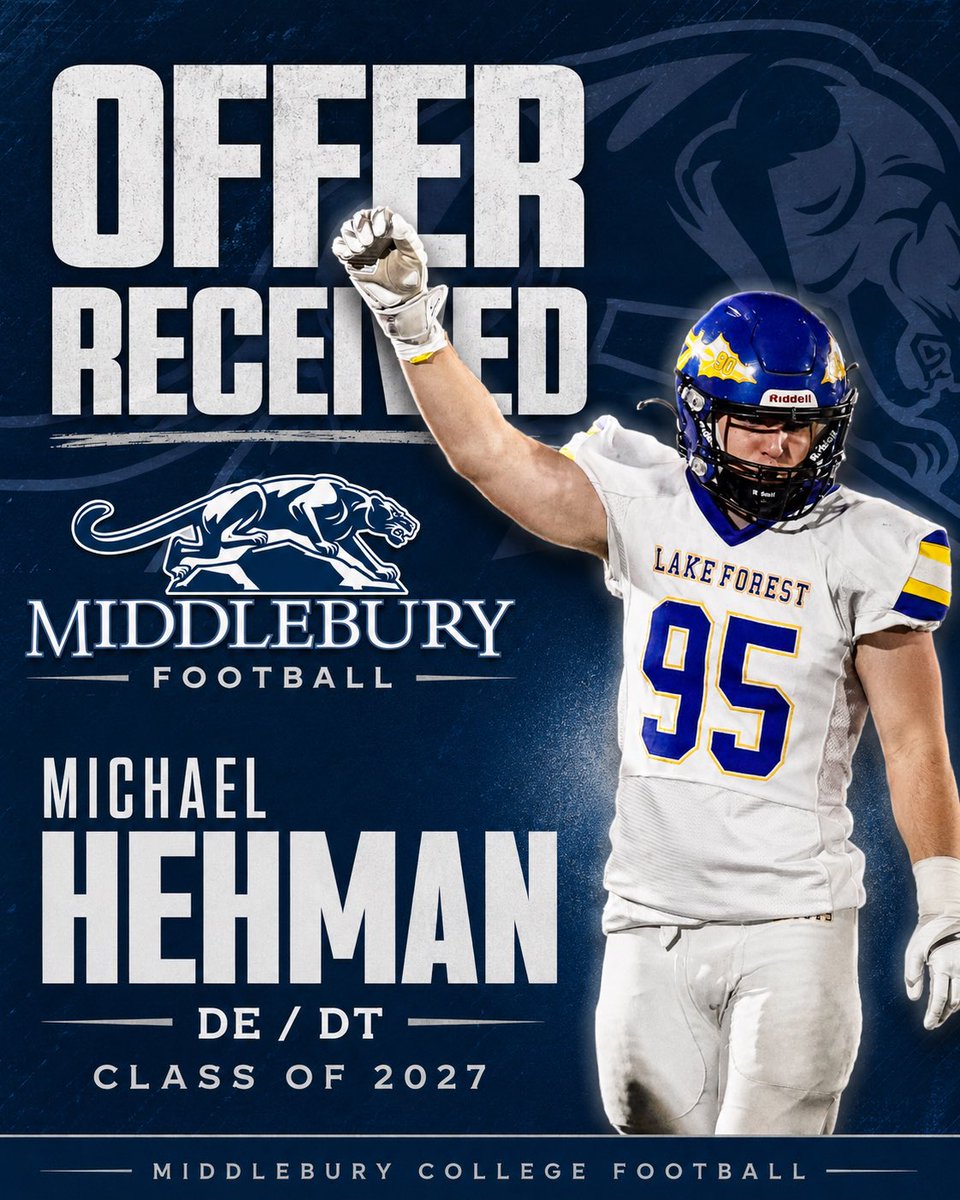 MikeHehman95's tweet photo. After a great call with @MiddFBMandigo, I am honored to receive an offer to continue my academic and athletic career at @MiddFootball. Thanks to 
@FBCoachPaquette, @CoachWoodring71, and the rest of the coaching staff for this opportunity. Go Panthers! https://t.co/xLFBLEoCMd