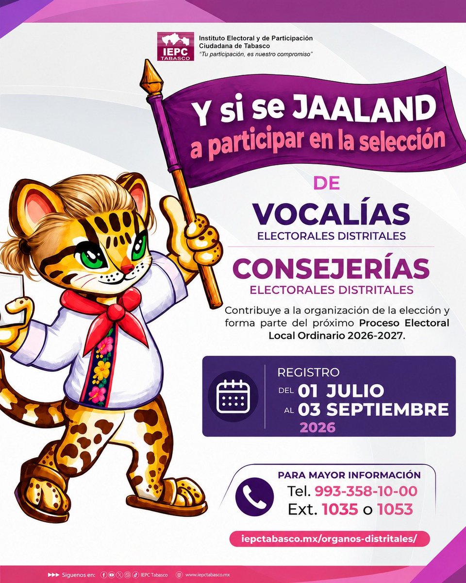 IEPCTabasco's tweet photo. ¡Te estamos buscando! 

Participa en la selección de Vocalías y Consejerías Electorales Distritales para el Proceso Electoral Local Ordinario 2026-2027.

🗓 Registro abierto del 1 de julio al 3 de septiembre de 2026.

🔎 Conoce más en el micrositio:
https://t.co/qjxrdnvAIf

✅ Contribuye a la organización de las elecciones y forma parte del fortalecimiento de la democracia en Tabasco.

"Tu participación, es nuestro compromiso"
https://t.co/RbWgyIxj6j
#IEPCTabasco #CPOEyEC