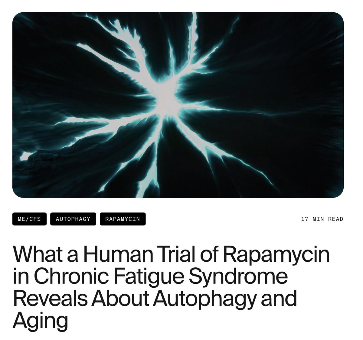 dantawfik's tweet photo. Autophagy declines with age across every tissue studied. mTOR activity increases. Cellular damage accumulates. The molecular signature is consistent—elevated phosphorylated ATG13 at serine-258, locking autophagy machinery in the 'off' position.

This same signature appears in ME/CFS patients. Not as a consequence of aging, but as a feature of the disease. High mTOR activity. Suppressed autophagy initiation. Cells unable to clear damaged proteins and dysfunctional mitochondria—leaving them vulnerable to metabolic stress.

A University of Wisconsin–Milwaukee trial tested whether low-dose rapamycin could restore autophagy function in ME/CFS patients by inhibiting mTOR. The hypothesis wasn't about treating fatigue symptoms. It was about correcting the cellular maintenance dysfunction that might be driving them.

Patients received 6 mg rapamycin once weekly for 90 days. Researchers tracked two autophagy biomarkers in circulation: BECLIN-1, a core protein that signals autophagy activation, and phosphorylated ATG13, which reflects whether autophagy machinery can actually initiate.

By days 60-90, BECLIN-1 levels increased 40-50%. Phosphorylated ATG13 dropped more than two-fold. The molecular signature shifted from suppressed autophagy to restored autophagy—and it was measurable in blood.

Molecular changes tracked with clinical response. Increases in BECLIN-1 correlated positively with improvements in functional capacity (r ≈ 0.44), energy, emotional well-being, and quality of life, while correlating negatively with fatigue severity. The patients who improved were the same individuals showing the strongest autophagy signal.

Responders were biologically distinct from non-responders. Clinical responders exhibited up to three-fold increases in BECLIN-1 and early, sustained reductions in phosphorylated ATG13. Partial responders showed intermediate changes. Non-responders demonstrated little consistent shift in autophagy markers.

Autophagy dysfunction isn't uniform—even within a single disease cohort. Some individuals had locked autophagy machinery that responded to mTOR inhibition. Others didn't. The biomarkers separated the groups before clinical outcomes diverged.

The dosing regimen mattered. At 6 mg once weekly, rapamycin produced no significant changes in metabolic, lipid, hematologic, or inflammatory safety labs over 90 days. Adverse events were infrequent and transient—contrasting with the metabolic complications reported in daily or high-dose regimens used in transplant medicine.

Weekly low-dose rapamycin appears to engage autophagy without triggering the glucose intolerance, dyslipidemia, or immunosuppression seen with continuous dosing. The intermittent schedule allows mTOR to cycle between suppression and restoration—preserving anabolic function while periodically activating cellular repair.

The timeline for restoration was 60-90 days. Not acute. Not immediate. Cellular repair systems don't respond to brief interventions—they require sustained engagement to shift the balance from damage accumulation to clearance and renewal.

Rapamycin extends lifespan in every organism tested, from yeast to mice. The mechanism has been debated—is it immune modulation, metabolic remodeling, reduced inflammation, or something else? This study suggests the answer may be simpler: rapamycin restores the cellular maintenance system that's supposed to prevent damage from accumulating in the first place.

Autophagy doesn't just clear debris. It removes dysfunctional mitochondria, degrades misfolded proteins, recycles damaged organelles, and reduces inflammatory signaling from cellular wreckage. When autophagy is impaired, all of those processes stall—and the downstream effects resemble accelerated aging.

The study wasn't placebo-controlled, so causality can't be definitively established. But the tight alignment between clinical improvement and restoration of autophagy signaling provides rare human evidence that mTOR-autophagy dysfunction is measurable, modifiable, and potentially linked to functional recovery.

BECLIN-1 and phosphorylated ATG13 emerged as candidate biomarkers for autophagy function in humans. They're detectable in circulation, responsive to mTOR inhibition, and correlated with clinical outcomes. That makes them potentially useful for monitoring whether autophagy-targeted interventions are working—before waiting for long-term health outcomes.

This has implications for how aging interventions should be evaluated. A single measurement after two weeks of treatment won't capture autophagy restoration. Serial measurements over months reveal whether the system is responding—and whether molecular changes align with functional improvement.

The decisions about whether to use rapamycin for longevity optimization will depend on understanding which individuals have impaired autophagy that's responsive to mTOR inhibition, what dosing schedule maximizes benefit while minimizing metabolic risk, and whether restoration of autophagy biomarkers predicts meaningful health improvements over decades.

The molecular signature of suppressed autophagy appears in aging. It appears in ME/CFS. And it's reversible—if the machinery is intact and responsive to mTOR inhibition. This study shows that pathway is measurable, modifiable, and potentially linked to functional recovery in humans.