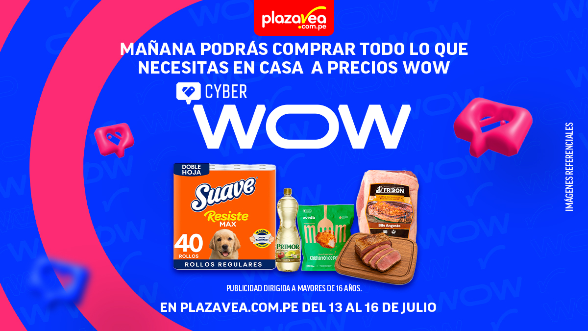 plazavea's tweet photo. 🚨 Mañana inicia el #CyberWOW¡No te lo pierdas! 🚨Del 13 al 16 de julio, entra a https://t.co/VQJtDQcnnQ y aprovecha los precios WOW en todo lo que no puede faltar en tu hogar 🏠🥫🍗 https://t.co/dxeyFJLRSH
